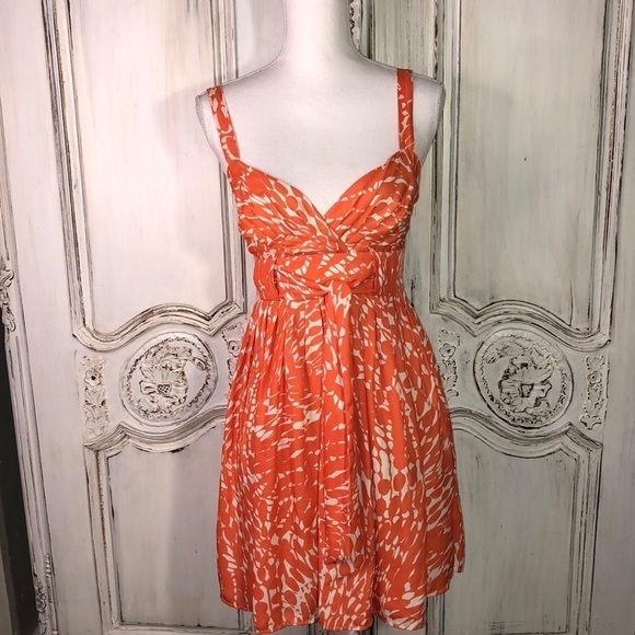 Lauren Conrad Orange and Cream Graphic Strap Front Tie Empire Cut Dress Size 2 - Picture 1 of 14